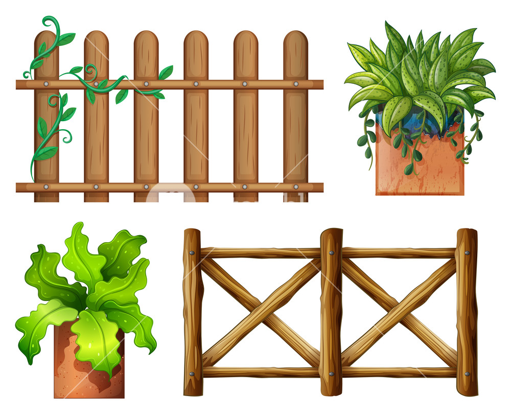 1000x810 Illustration Of The Wooden Fence And Potted Plants On A White