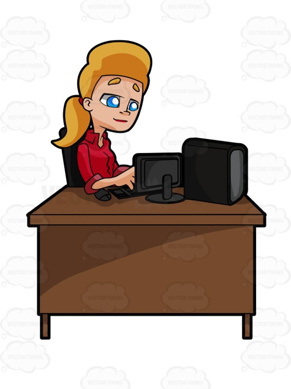 599x800 Blonde Woman Sitting At A Desk Working On A Computer Cartoon