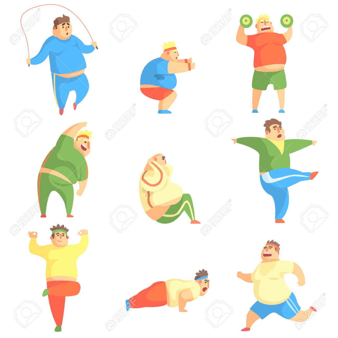 1300x1300 Funny Chubby Man Character Doing Gym Workout Set Of Illustrations