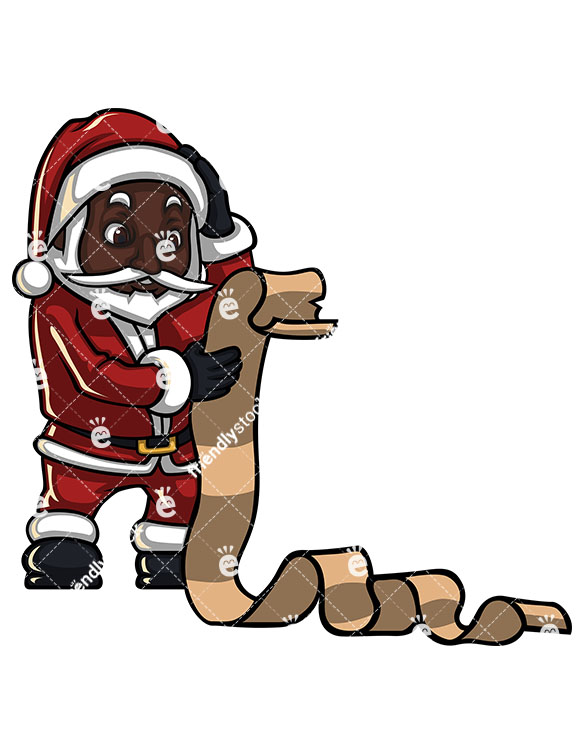 585x755 Black Santa Claus Reading A Massive Gifts List Cartoon Vector
