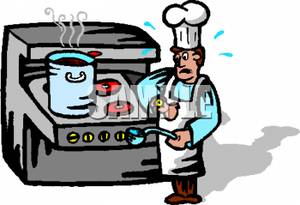 300x205 Worried Man At A Stove Checking His Watch Clip Art Image