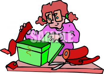 350x248 Cartoon Of A Woman Wrapping A Gift