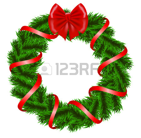 450x439 Christmas Wreath With Bells, Baubles And Holly Berry On Red