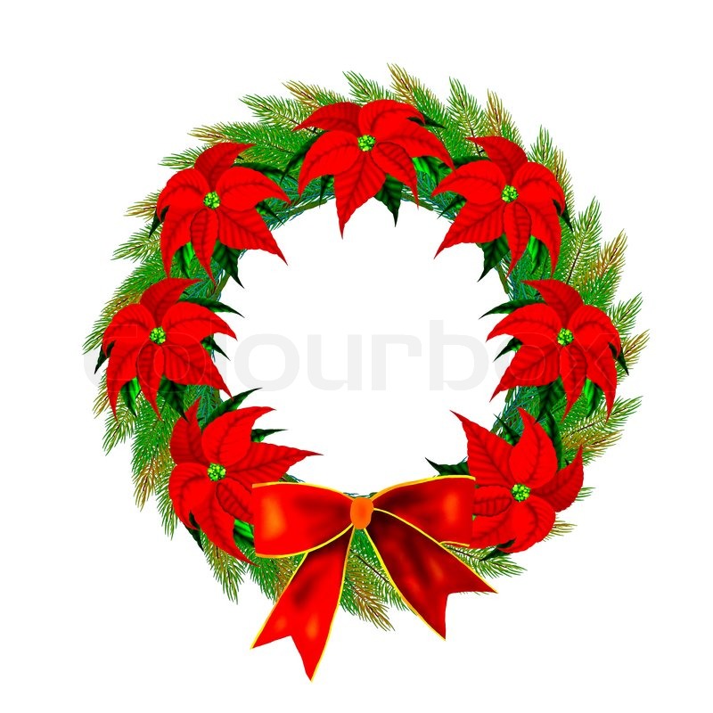 800x800 Christmas Wreath With Bow And Poinsettia Flowers Stock Photo