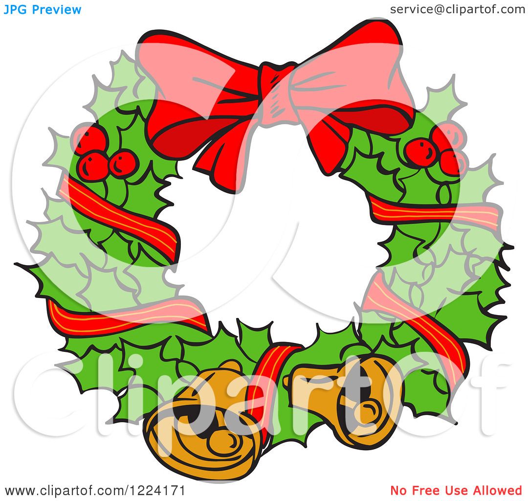 1080x1024 Clipart Of A Holly Christmas Wreath With Bells And A Bow
