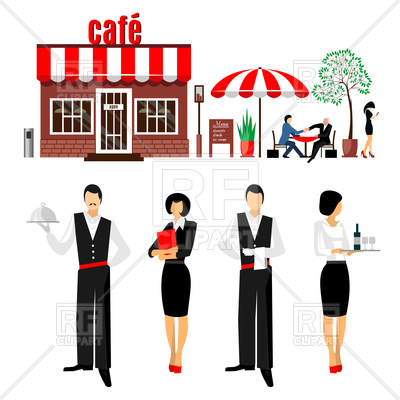 400x400 Flat Young Stylish Male And Female Waiters Near Cafe Royalty Free