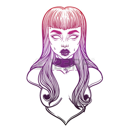 450x450 Zombie Or Vampire Girl Line Art. Hand Drawn Vector Illustration